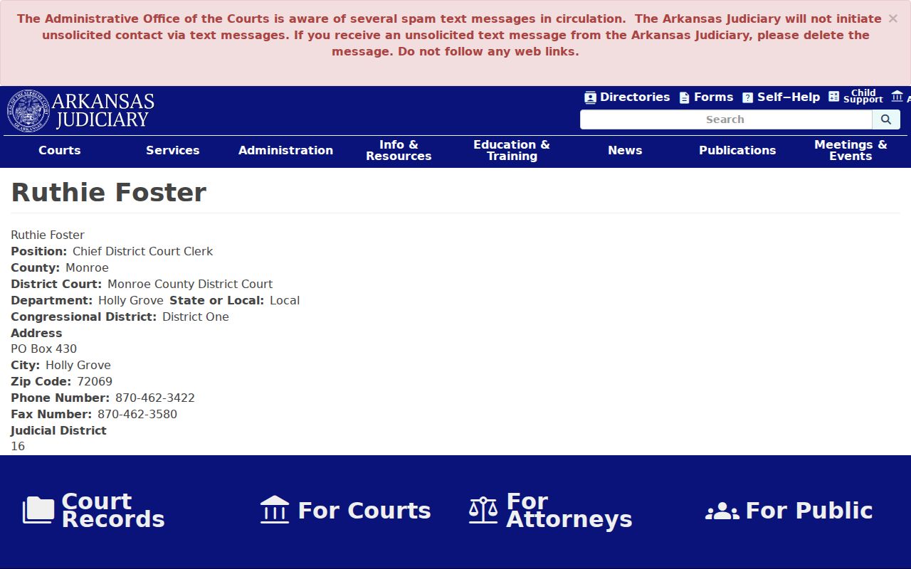 Holly Grove court docket clerk profile for the current District Court department