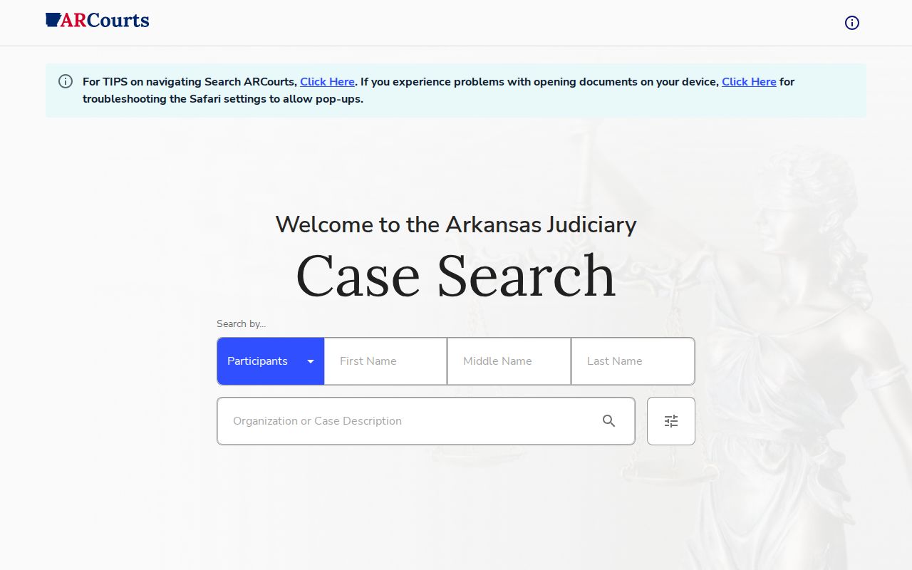 Search ARCourts public case search interface for a Monroe County court docket